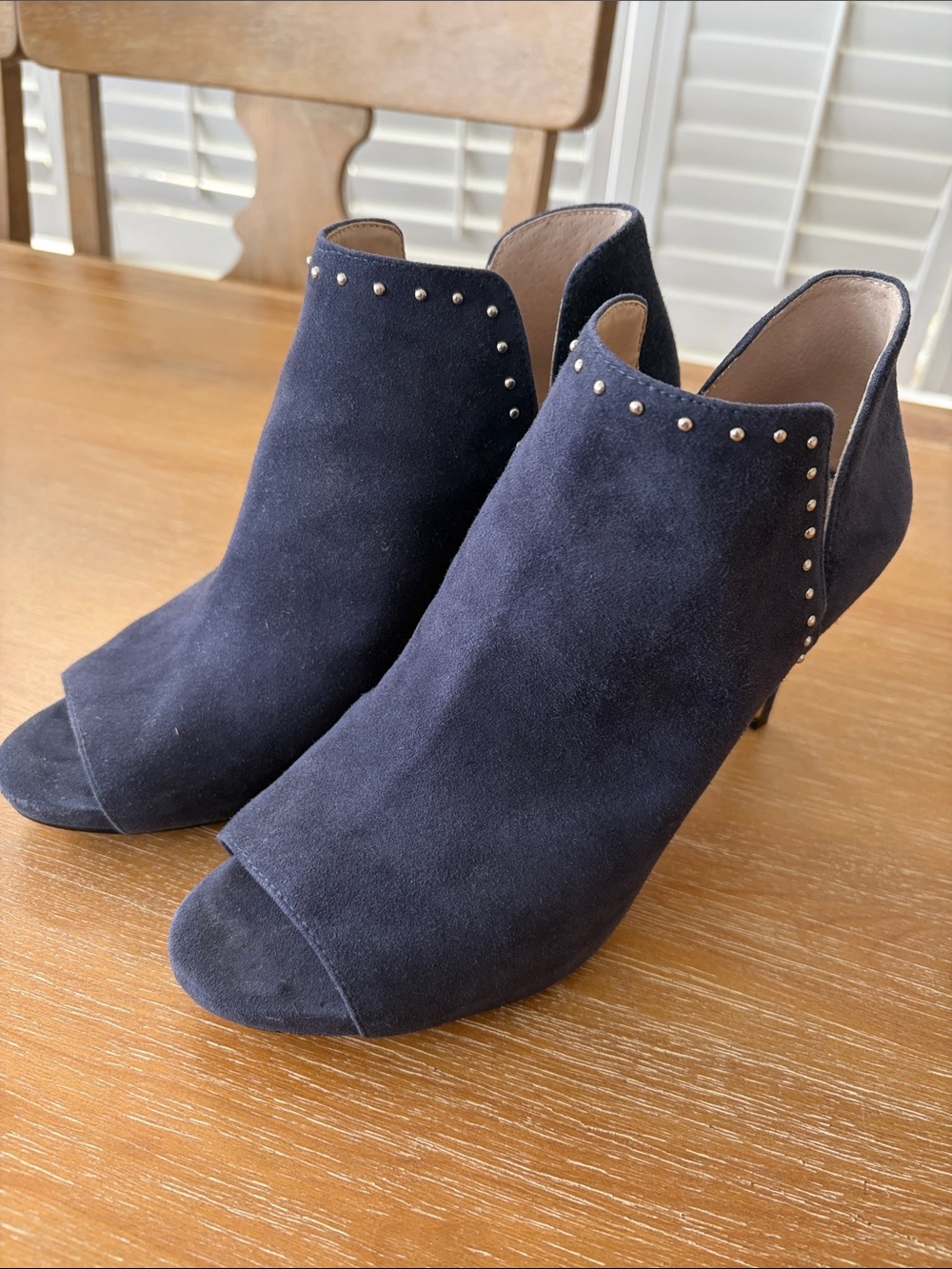 White House Black Market Navy Suede Peep-Toe Studded Mules